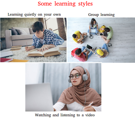 Some learning styles are learning quietly on your own, group learning, and watching and listening to a video.