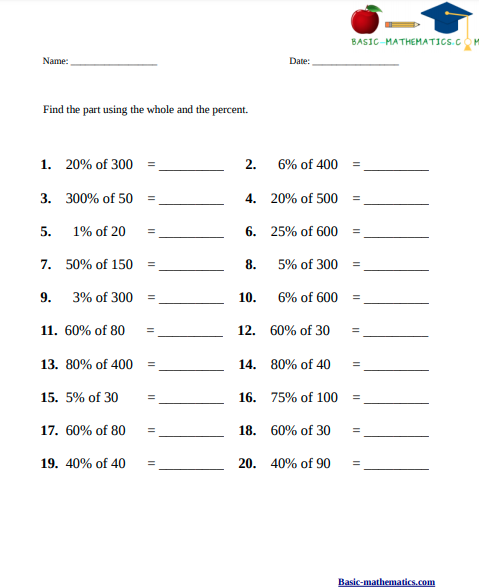 Finding the percentage worksheet