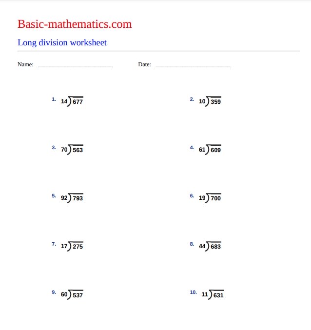 Long division worksheet