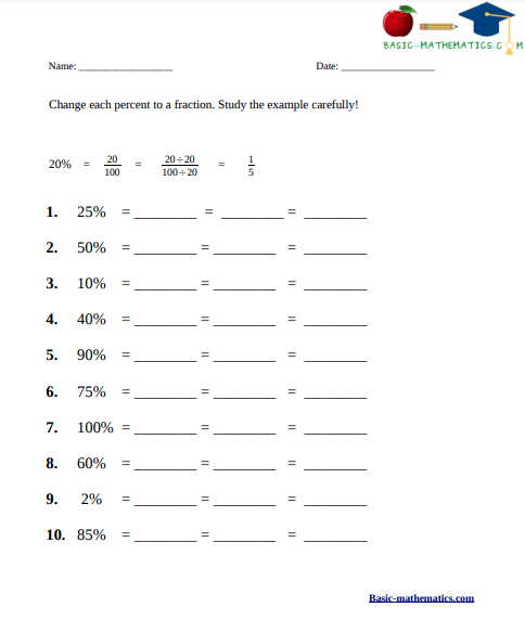 Percent to fraction worksheet
