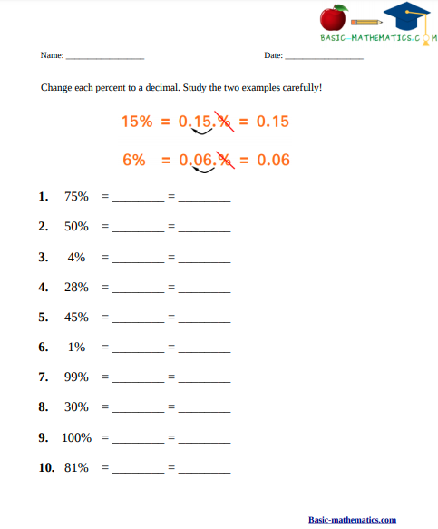 Percent to decimal worksheet
