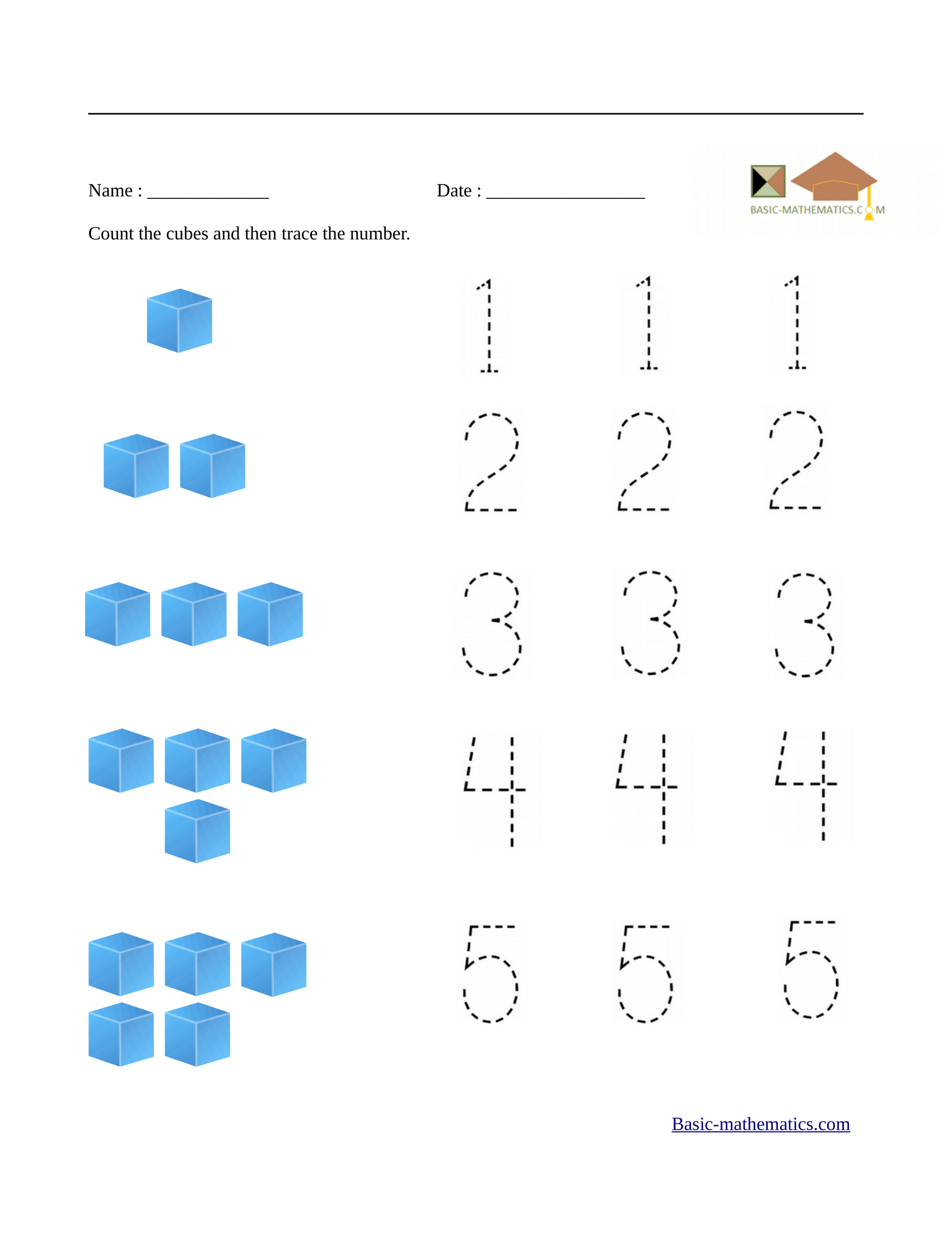 Count and trace numbers from 1 to 5